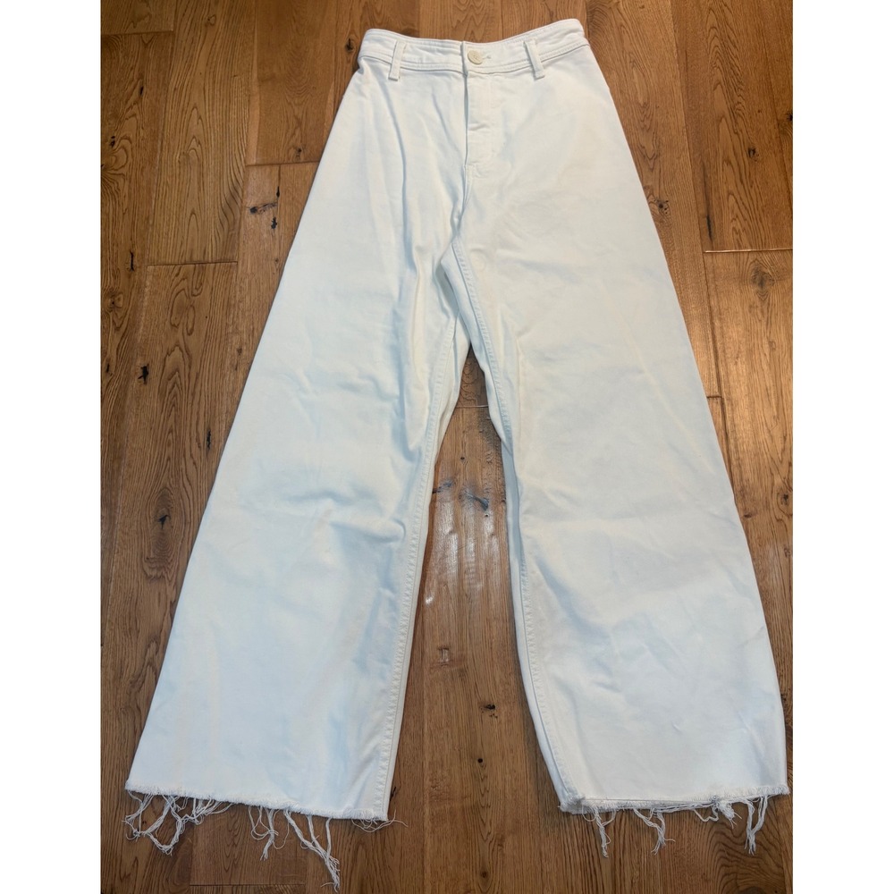 Zara Women Off White High Waisted Wide Leg Raw Hem Jeans Size 4 26